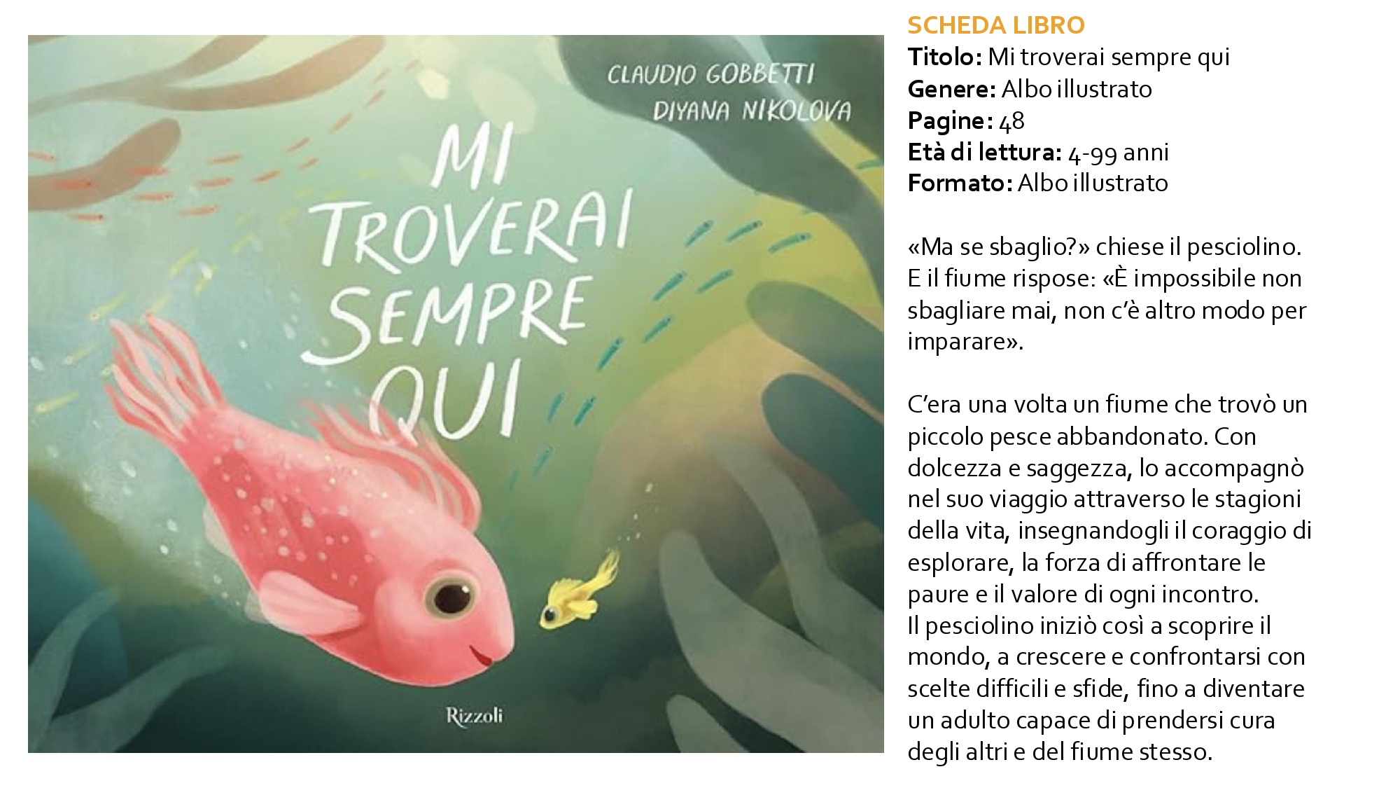 Scheda riassuntiva con tutte le informazioni dell'albo "Mi troverai sempre qui"
